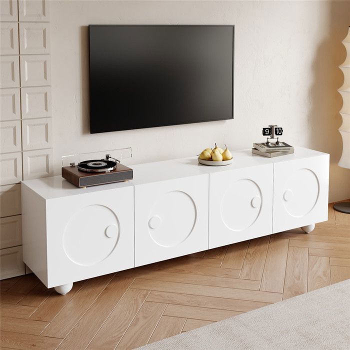 Meuble TV Blanc Scandinave avec 4 Portes Design Unique Meuble Bas de Salon avec Rangement et Pieds 180 x 38 x 50 cm Blanc Bois