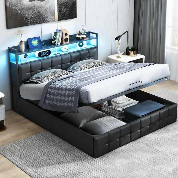 Lit Coffre 140x190cm avec LED -Rangement et Charge USB/Type-C - Tête de Lit Capitonnée Noir PU -Cadre de Lit 2 place avec Sommier