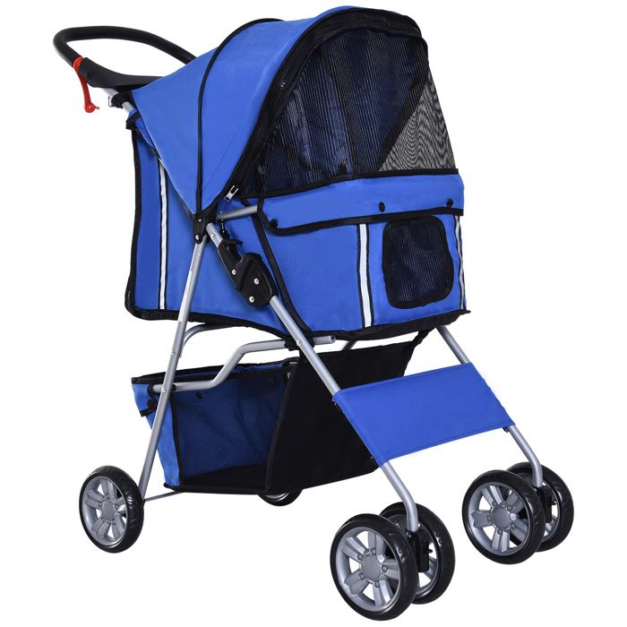 Poussette pour animaux pliable - Bleu - Tissu oxford - 75x45x97 cm - 5 kg - Protection UV - Moustiquaire anti-insectes