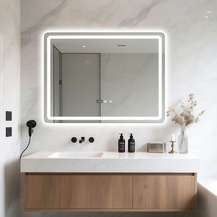 Miroir de Salle de Bain LED 80 x 60 cm - Miroir Mural Intelligent avec Éclairage Avant Fonction Anti-Buée Interrupteur Tactile