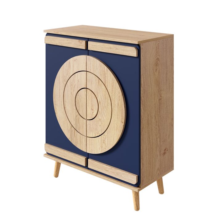 BELLEMAVE Meuble à Chaussure à 4 étages Meuble de Rangement avec Portes Géométriques Rondes Pieds Bois 76x37x98.5cm Bleu+Naturel