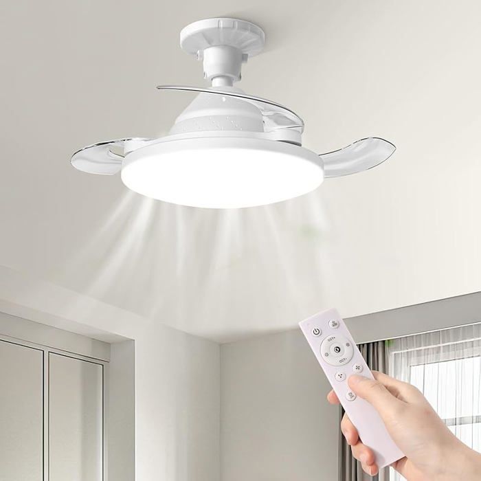 Ventilateur Plafond avec Lumière Pales Rétractable Télécommande 3 Niveaux Luminosité 3 Vitesse Eclairage 57c VENTILATEUR DE PLAFOND
