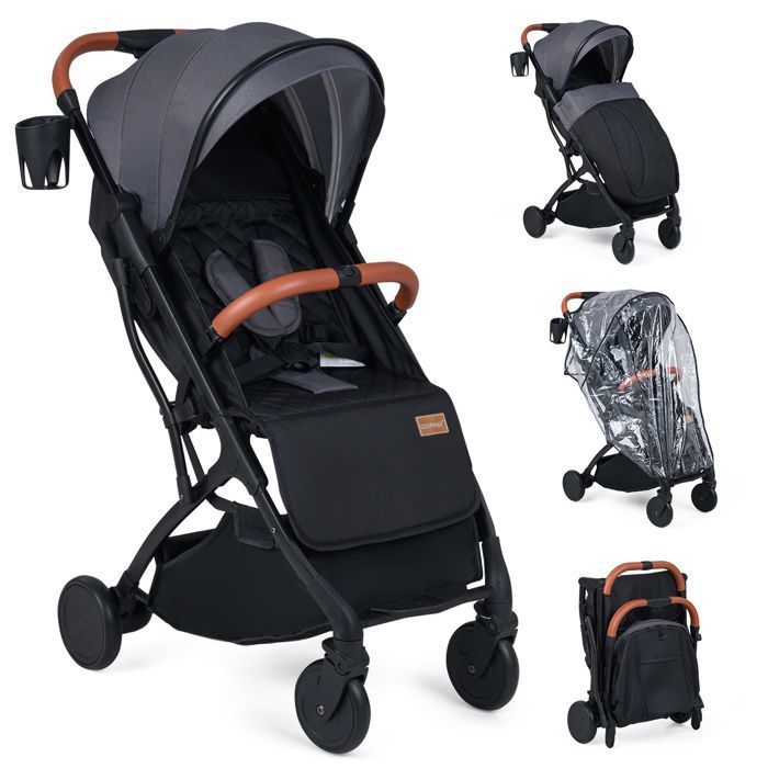 Poussette Nouveau-né Pliable à une Main COSTWAY-Capote RéglableDossier Inclinable-PanierHousse Pluie Porte-Gobelet15 kg-Gris