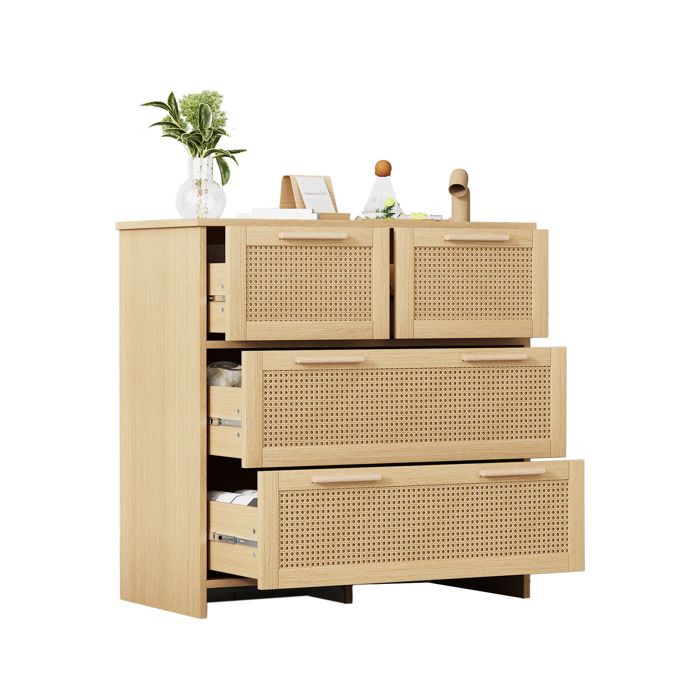 VLIVRA Commode - rotin avec 4 tiroirs et poignées bois style moderne et naturel mdf+bois massif naturel 80x38x80 cm