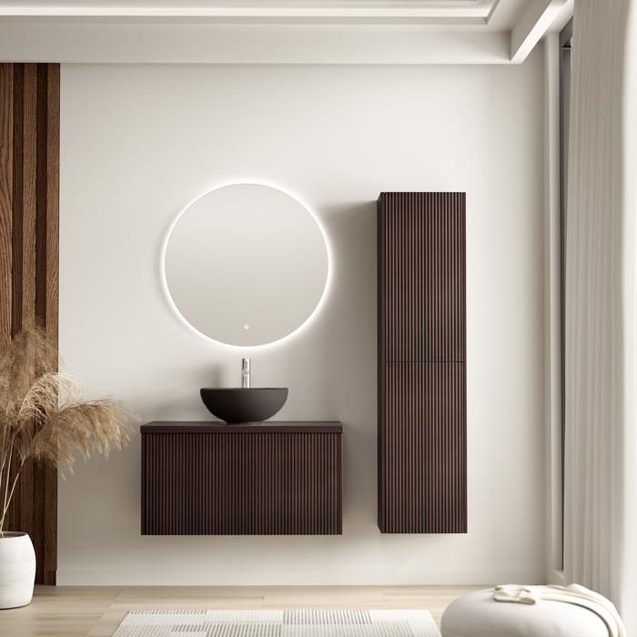 LOMAZOO Ensemble Meuble de Salle de Bain 80cm Noyer Cannelé - Vasque à Poser Noire - Colonne de Rangement [TROPANI]