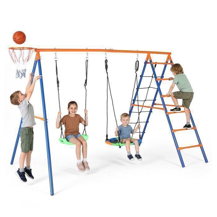 Portique balançoire enfants-LALAHO-MultifonctionnelPanier de basket échelle descalade métal240x170x180cm bleu et orange