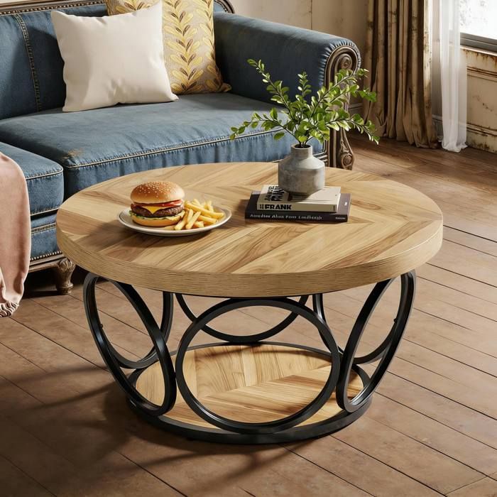 Table basse ronde 80 cm 2 niveaux avec rangement pour salon structure métal et bois brun et noir