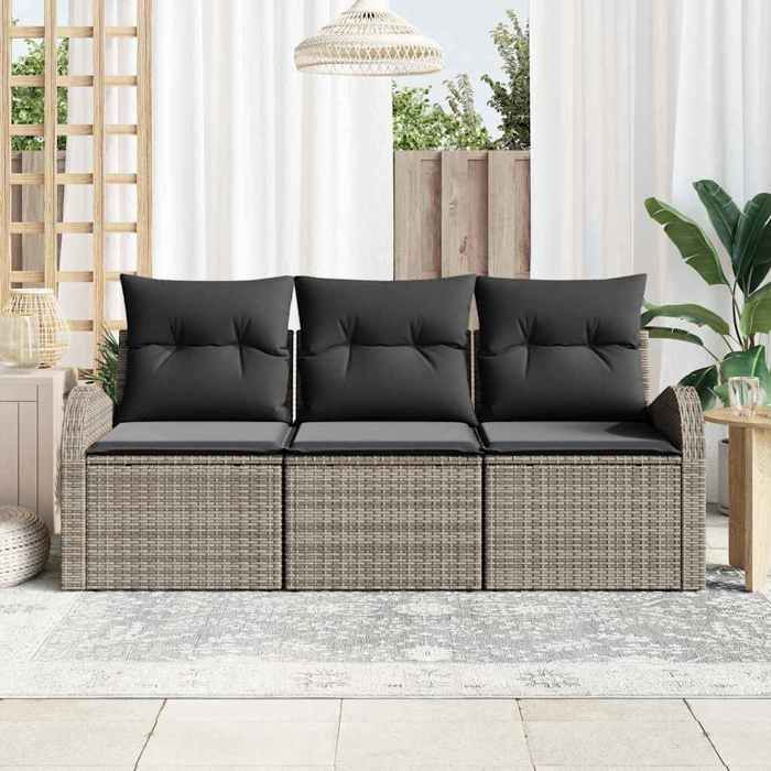 En Promotion Ensemble de canapé de jardin avec coussin 3 pcs - SHIELD - Canapés dextérieur - Gris Poly rotin - 7532220