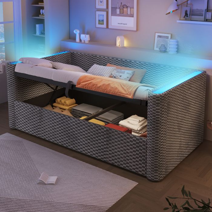 Lit banquette - KOMHTOM - 90 x 200 - Velours - Rangement hydraulique - LED intégrée