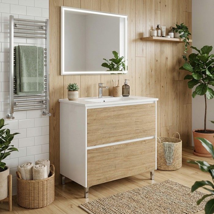 Meuble vasque L.80cm sur pied Blanc laqué 2 tiroirs Chêne naturel LISBONA - sans colonne Meuble vasque L.80cm sur pied Blanc laqué 2 tiroirs Chêne naturel LISBONA - sans colonne