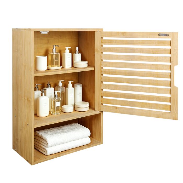 Armoire Murale de Salle de Bain - Armoire à Pharmacie en Bambou - Porte Ajourée et Étagère Réglable - 40x20x60cm - Couleur bois