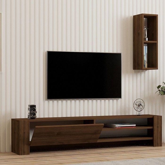 Meuble TV Caraglio Dmora en bois plaqué noyer marron 160x27x33h cm Meuble TV Caraglio Dmora en bois plaqué noyer marron 160x27x33h cm