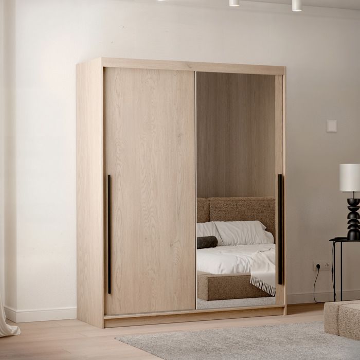 Armoire SILENTE 160 cm - avec miroir - LED - portes coulissantes - Chêne de Crémone
