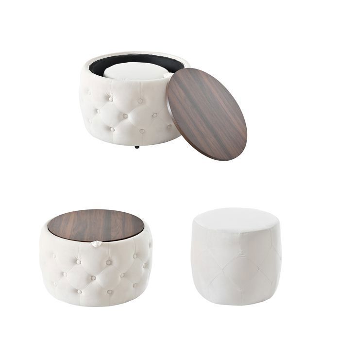 Lot de 2 Poufs Ronds en velours Tables Basses Table dappoint avec rangement pour Salon et Chambre Beige