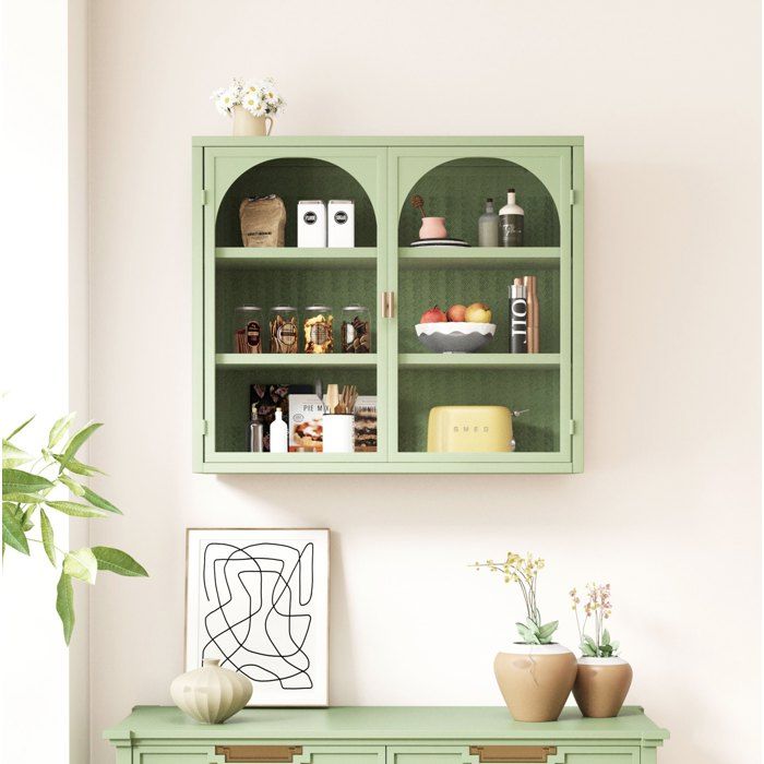 Vitrine murale 70 cm à 2 portes et 3 étagères en verre trempé et métal - BEAUNIV - Contemporain Vert