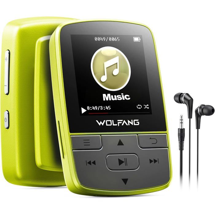 WOLFANG Lecteur MP3 Bluetooth 5.2 Clip Sport 28g Radio FM Enregistreur Écouteurs Inclus Vert Fluo