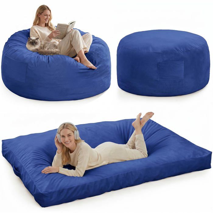 Garvee Pouf Géant XXL Convertible Lit Rembourré Housse Microfibre Douce Idéal Salon & Gaming Bleu