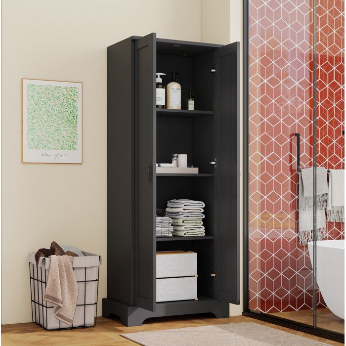 Armoire de salle de bain haute 2 portes Soft-Close 4 étagères réglables MDF noir 56 x 40 x 170 cm ORVRYN