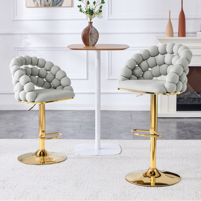 JOINERY chaise bar tabouret réglable lot de 2 65 à 112 cm velours gris clair métal doré dossier effet boules cuisine