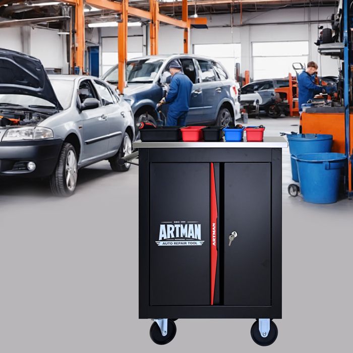 Servante datelier mobile double porte verrouillable plateau inox 4 roulettes dont 2 freins acier ORVRYN