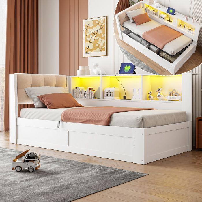 Lit Combiné Lit Simple Rangement Hydraulique USB LED Réglable et Étagère 90×200 cm sans Matelas