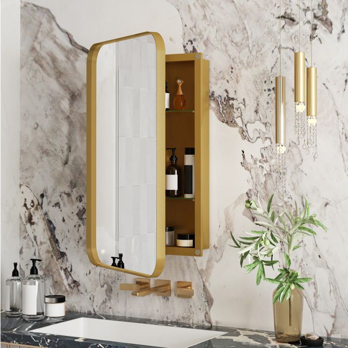 Armoire à pharmacie miroir rectangle encastrable et murale à étagères réglables - YEAVIO - pour salle de bain doré 76×51×12 cm