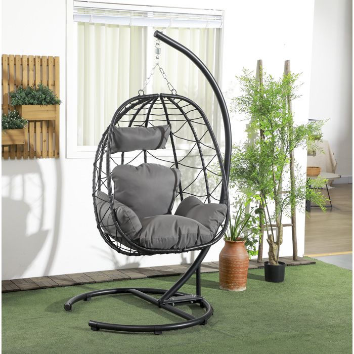 Fauteuil suspendu en rotin PE avec support 195 cm noir coussins et housse inclus