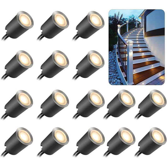 Kit lampes LED encastrables terrasse - PZCC - 16 pcs φ32mm - Blanc chaud - Étanche IP67 - DC12V (transformateur incl.)