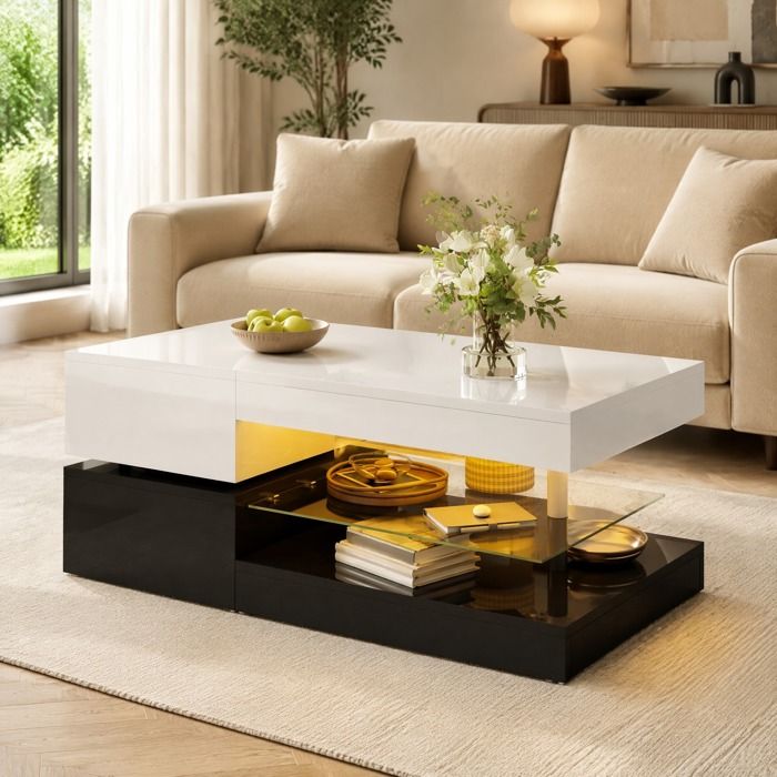 Table basse LED Bluetooth APP avec plateau en verre finition brillante blanc noir 90x45x355 cm salon VEVXYN