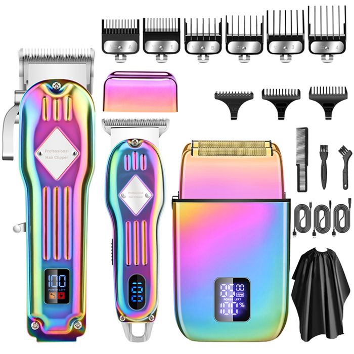 Kit coiffure professionnel tondeuse + détaillant + rasoir feuille titane écran LCD antidérapant accessoires pour salon et maison