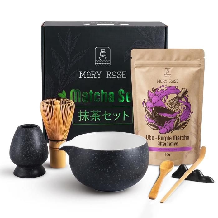 Kit Thé Matcha Alternative Ube – Mary Rose – Coffret Cérémonie Thé Boisson 50g Poudre Fouet Accessoires Bambou Bol Céramique – Kurai