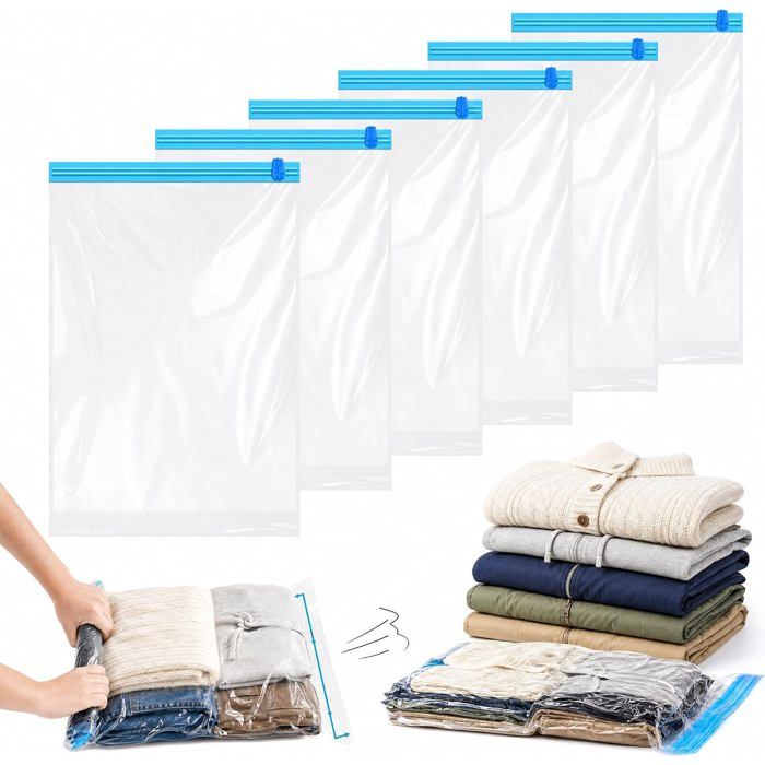 Lot de 6 Sacs Compression Voyage Sans Pompe 40x60 cm PA+PE Transparent Réutilisables Compression Manuelle Gain de Place 80 %