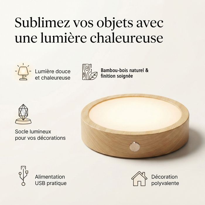 Socle Veilleuse LED Bois & Acrylique 3W - Lampe dAmbiance Ronde Décorative 8cm - Veilleuse Tactile - Lumière Chaude 3 en 1 USB