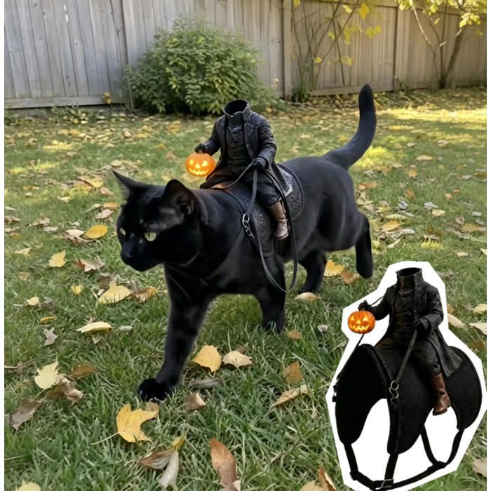 Costume Halloween Chat Cavalier Sans Tête Déguisement Chat Effrayant Taille Unique pour Fête Animale