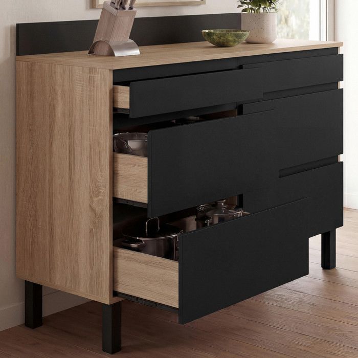 Buffet bas casserolier de cuisine 120 cm CLAUDE plan de travail H.83 cm 6 tiroirs bois et noir Buffet bas casserolier de cuisine 120 cm CLAUDE plan de travail H.83 cm 6 tiroirs bois et noir