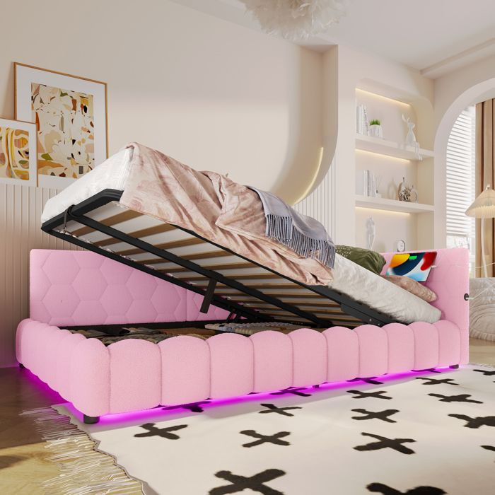 Lit banquette 140x200 cm en velours coloris rose ports USB éclairage LED coffre relevable sommier à lattes sans matelas