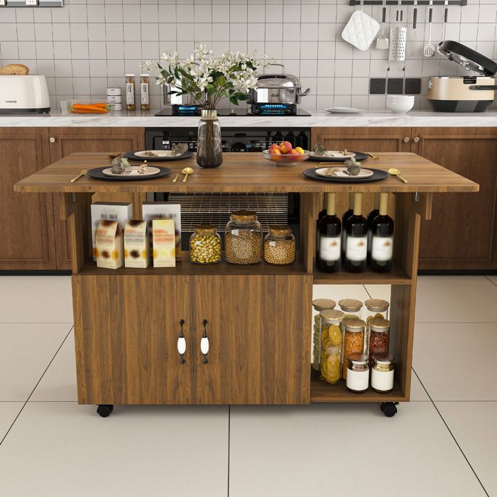 Table de cuisine pliante mobile 110 x 70 x 80 cm avec rangements 5 étagères et roulettes décor noyer