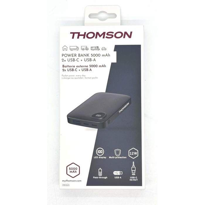 CARACTÉRISTIQUES TECHNIQUES Voir toutes les caractéristiques Batterie externe Thomson 5 000 mAh – Écran LCD et charge USB C