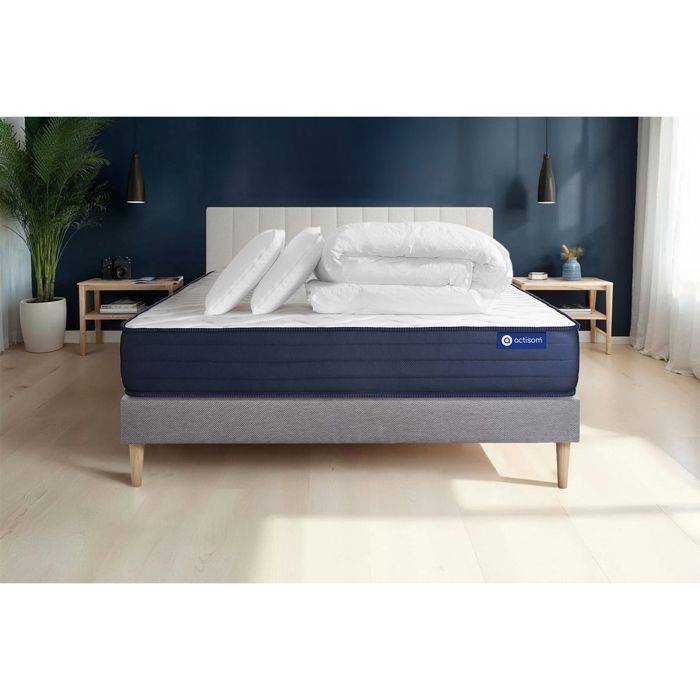 Pack lit complet 180x200 cm - Matelas + Sommier Gris (en kit) + 2 oreillers + Couette - Actimemo Lif Pack lit complet 180x200 cm - Matelas + Sommier Gris (en kit) + 2 oreillers + Couette - Actimemo Lif