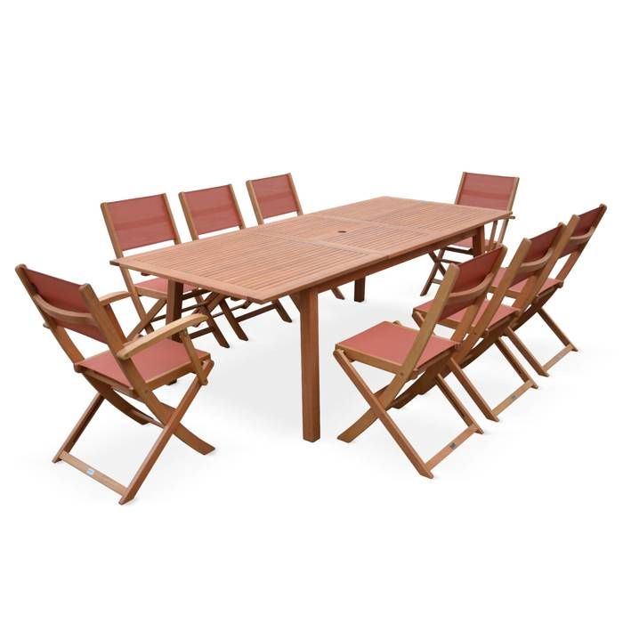 Salon de jardin en bois extensible - Almeria - table 180/240cm avec rallonge. 2 fauteuils et 6 chaises. en bois d'Eucalyptus huilé