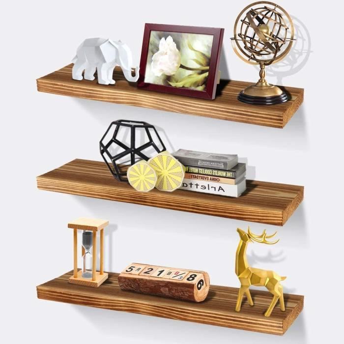 Lot De 3 étagères Flottantes Murales En Bois - 60 Cm De Long - Noir Moderne - Idéal Pour Rangement & Décoration