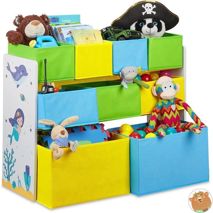 Étagère Enfants Relaxdays 74x71x23cm - 2 Boîtes Et 2 Compartiments Motif Animaux