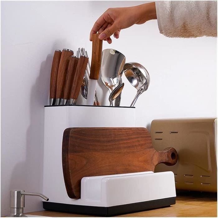 Porte-couteau Rotatif Tyenaza Blanc - Bac Récupérateur Amovible, Fente Pour Ciseaux, Rangement Comptoir