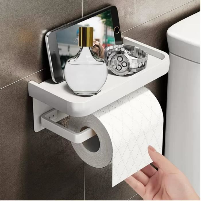 Porte Rouleau Papier Toilette Avec Étui - En Bambou Naturel Et Métal - Adhésif Fort, Pas De Perçage - Pour Salle De Bain - Noir