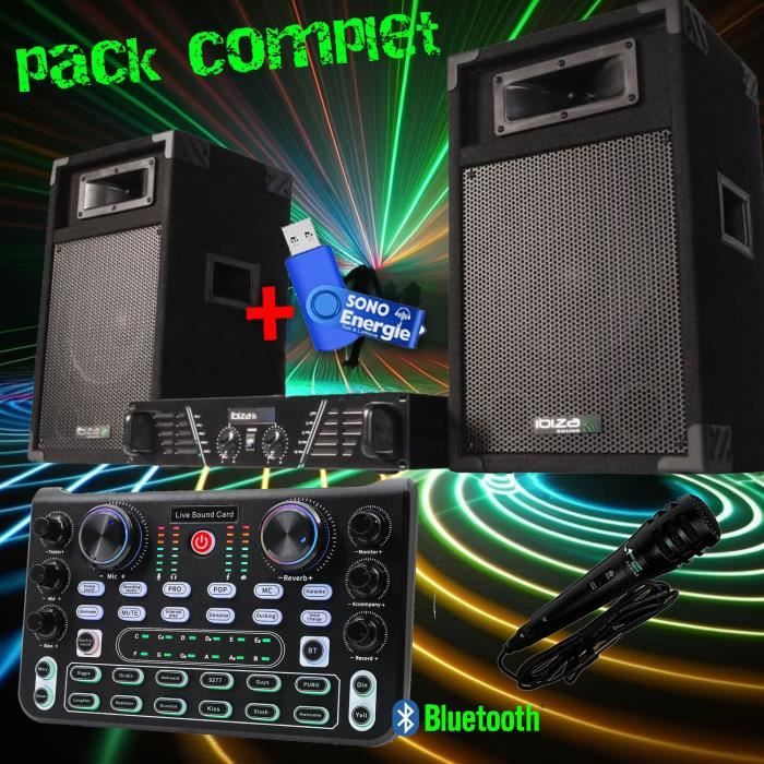 Pack sono complet ibiza DJ300 480W + table de mixage bluetooth MULTI EFFETS + 2 HP + micro+ clé USB 32gigas