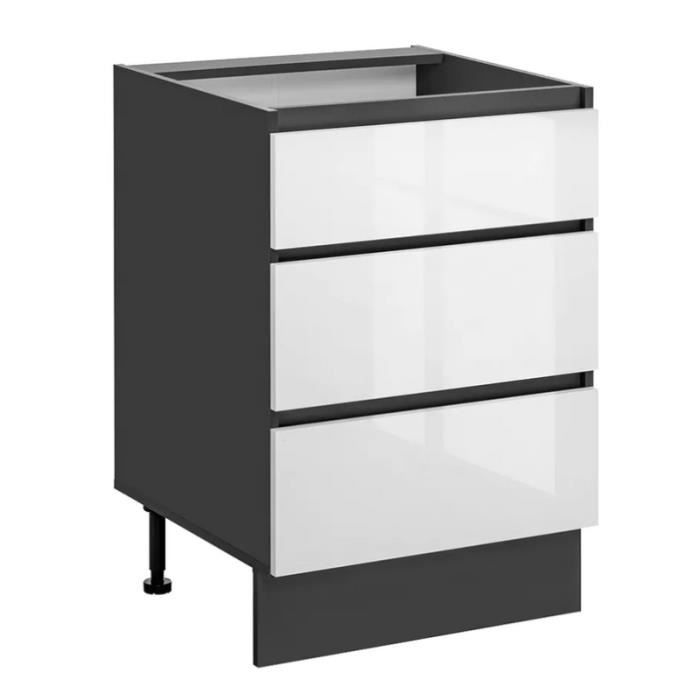 Meuble de cuisine - Dalia - 3 tiroirs - Blanc/Gris graphite - L 60 x H 86 6 x P 56 cm