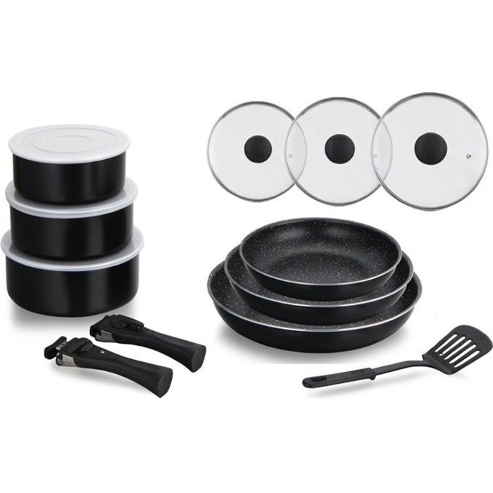 Batterie de cuisine revêtement pierre avec manche amovible 8 pièces noir Herzberg HG8091-15-BK Noir