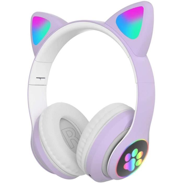 Casque avec oreilles de chat mignon, lumières à LED sans fil Bluetooth 5.0  pour PC, tablette, radio FM, cadeau, casque de jeu [922] - Cdiscount TV Son  Photo