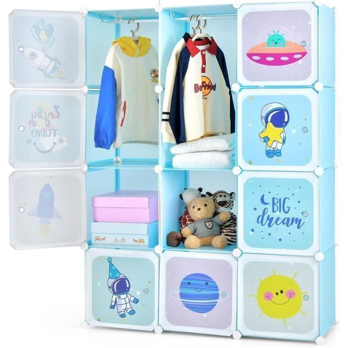 GOPLUS Armoire Penderie Modulable Enfants 12 Cubes 35x35x35CM avec Barre de Suspension Motifs dEspace Mignons pour