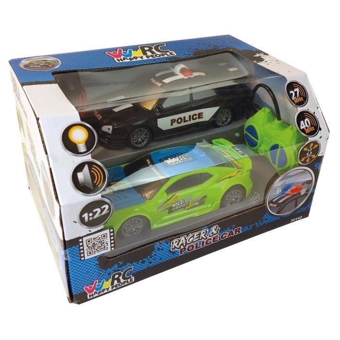Lot de 2 jeux de voiture rc poursuite HAPPY PEOPLE 1/22E - vert/noir - 4 roues - Electrique